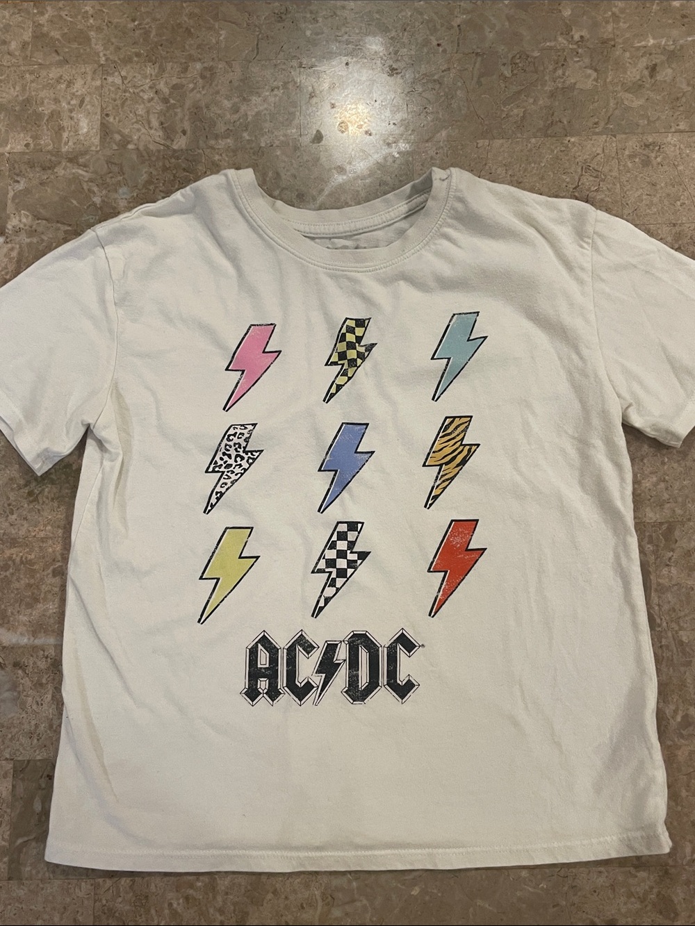 AC/DC White Tee with Multicolor Lightning Bolts